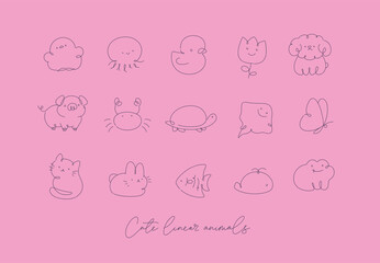 Cute animals drawing in line art style on pink background