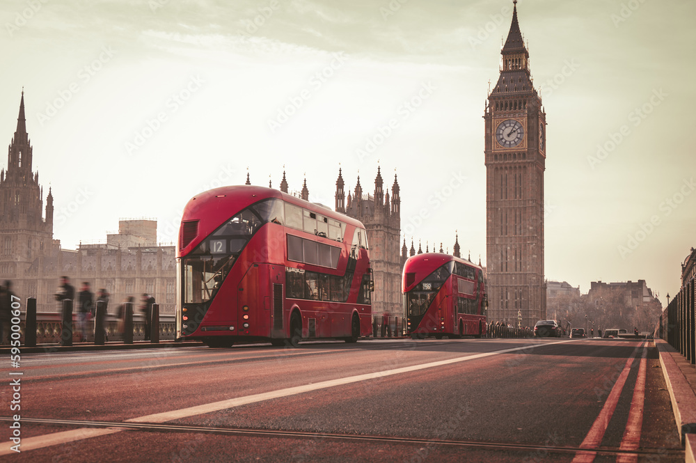 Wall mural red london bus on the westminster bridge and big ben tower in the background.