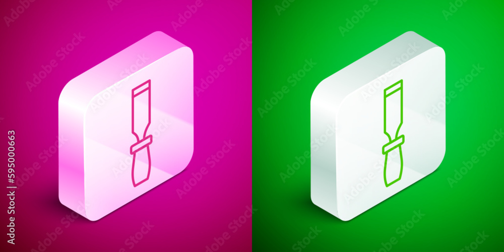 Poster isometric line rasp metal file icon isolated on pink and green background. rasp for working with woo