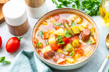 Minestrone soup, italian vegetable soup with smoked sausages, Top view on white table.