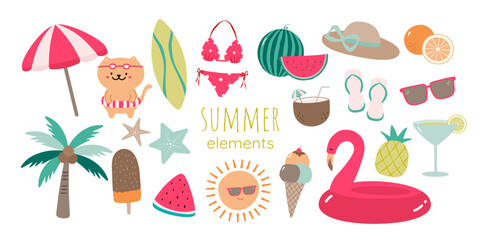 Hand Drawn Colorful Summer Vector Collection. Doodle Summer Elements Set.