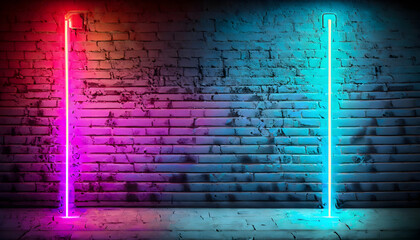 Modern futuristic neon lights on old grunge brick wall room background art, background wallpaper...