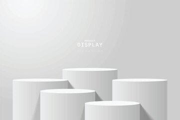 Empty white clean room with set of five steps 3D cylinder podium pedestal or product display stand. 3D vector geometric platform design. Minimal wall scene for mockup. stage for product presentation.
