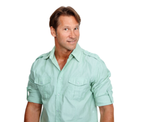 Portrait, fashion or mature man with smirk isolated on transparent png background in trendy style. Funny face reaction, fashionable clothes or confident handsome male model posing with cool smile