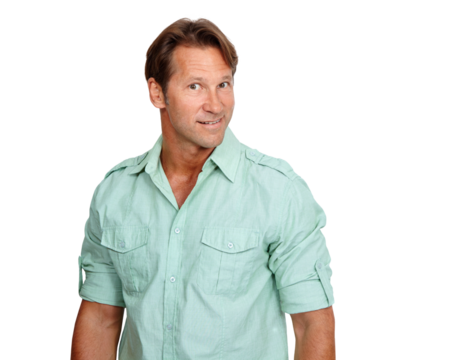 Portrait, fashion or mature man with smirk isolated on transparent png background in trendy style. Funny face reaction, fashionable clothes or confident handsome male model posing with cool smile