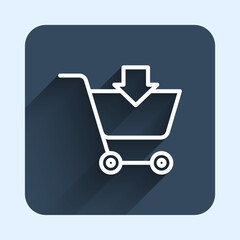 White line Add to Shopping cart icon isolated with long shadow background. Online buying concept. Delivery service sign. Supermarket basket symbol. Blue square button. Vector