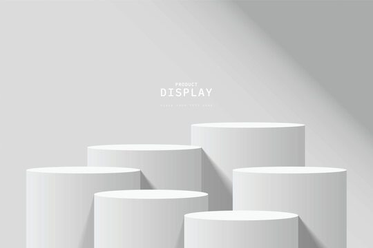 Empty white room with set of six steps 3D cylinder podium pedestal or product display stand. 3D vector geometric platform design. Minimal wall scene for mockup. stage for product presentation.