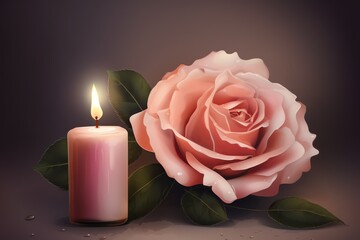 Fototapeta na wymiar Beautiful Pink Rose With Candle Illustrated. Generative AI