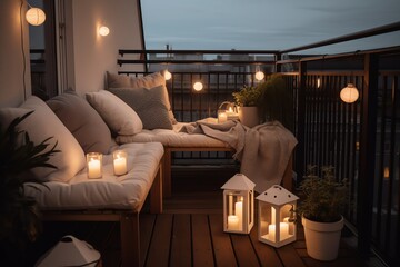 Balcony Design, Cute Pillows, Decorative Candles And Lighting With Com And Table Armchairs. Generative AI