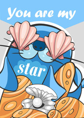 Vector postcard seal, shells, pearls and lettering You are my star in cartoon comic style.