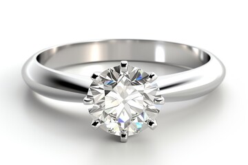 Round Brilliant Cut Diamond Solitaire Engagement Ring, White Background, 3d Rendering. Generative AI