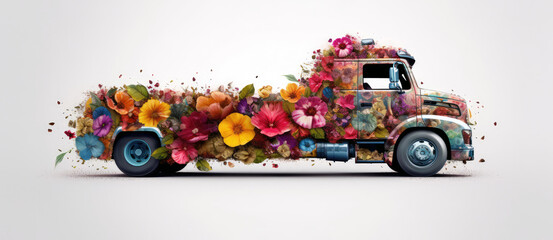 Truck surrounded by green grass. Generative AI. Eco-friendly concept