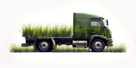 Truck surrounded by green grass. Generative AI. Eco-friendly concept