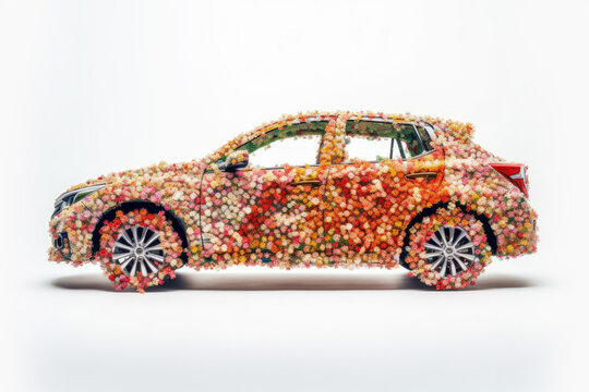 Car surrounded by spring flowers. Generative AI. Eco-friendly concept