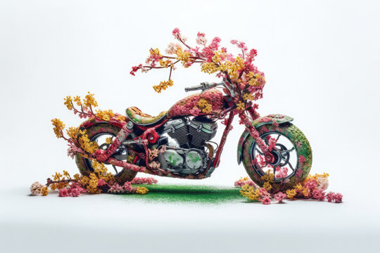 Motorbike surrounded by spring flowers. Generative AI. Eco-friendly concept