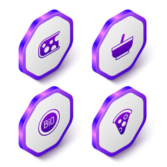 Set Isometric Cheese, Mortar and pestle, Banner for bio and Slice of pizza icon. Purple hexagon button. Vector