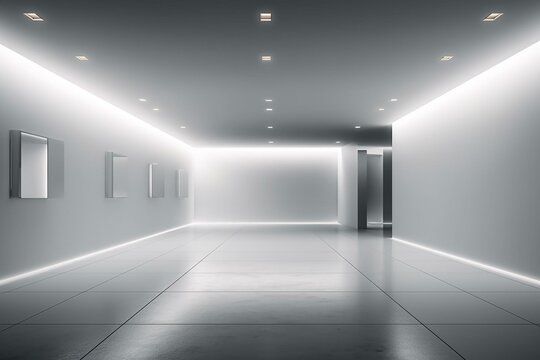 Blank light wall and white floor in empty hall room with led light on top. Mockup. Generative AI