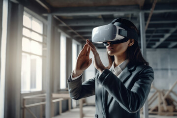 Generative AI illustration of architect woman in formal clothes in room with raised arms while working in a construction site