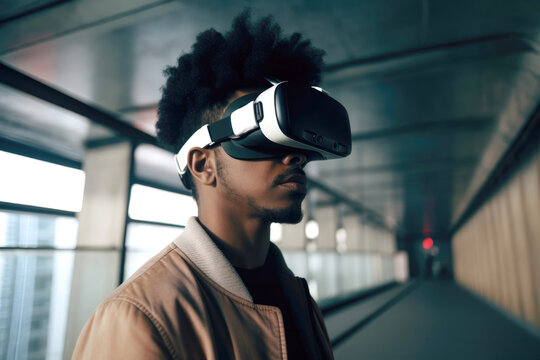 Generative AI illustration side view of African American man with Afro hair in jacket and VR googles standing in long corridor in modern building