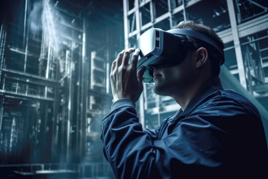 Generative AI illustration side view of man in virtual reality glasses standing in dark room with metal constructions and sunrays