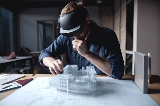 Generative AI illustration of male architect in shirt and VR headset sitting at wooden table and creating mockup of building