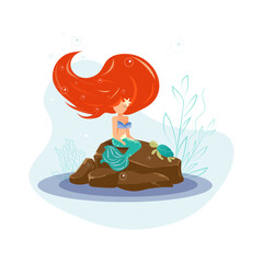 Mermaid underwater with red hair in a watercolor style with a turtle on the rocks.
