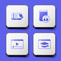 Set Online quiz, test, survey, Audio book, play video and education icon. White square button. Vector