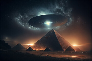 Obraz na płótnie Canvas illustrtion of Egypt pyramid surrounded by magical light and smoke Flying saucer. AI