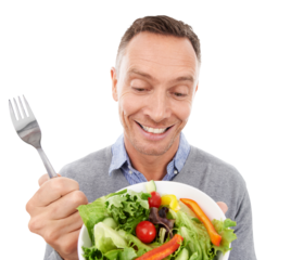 Healthy food, salad or man with an excited smile or bowl isolated on transparent png background. Closeup, hungry or happy person eating vegan diet meal to lose weight with good nutrition or vitamins