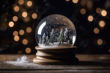 Fototapeta na wymiar Snow globe, snowy landscape, pine trees, generative AI