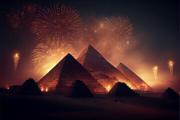 Fototapeta na wymiar illustration of pyramid in Egypt with fireworks on night sky. AI