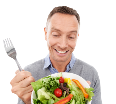 Healthy food, salad or man with an excited smile or bowl isolated on transparent png background. Closeup, hungry or happy person eating vegan diet meal to lose weight with good nutrition or vitamins