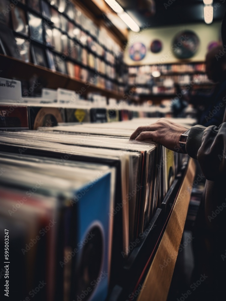 Poster a person holding a record in a record store. ai generative image.