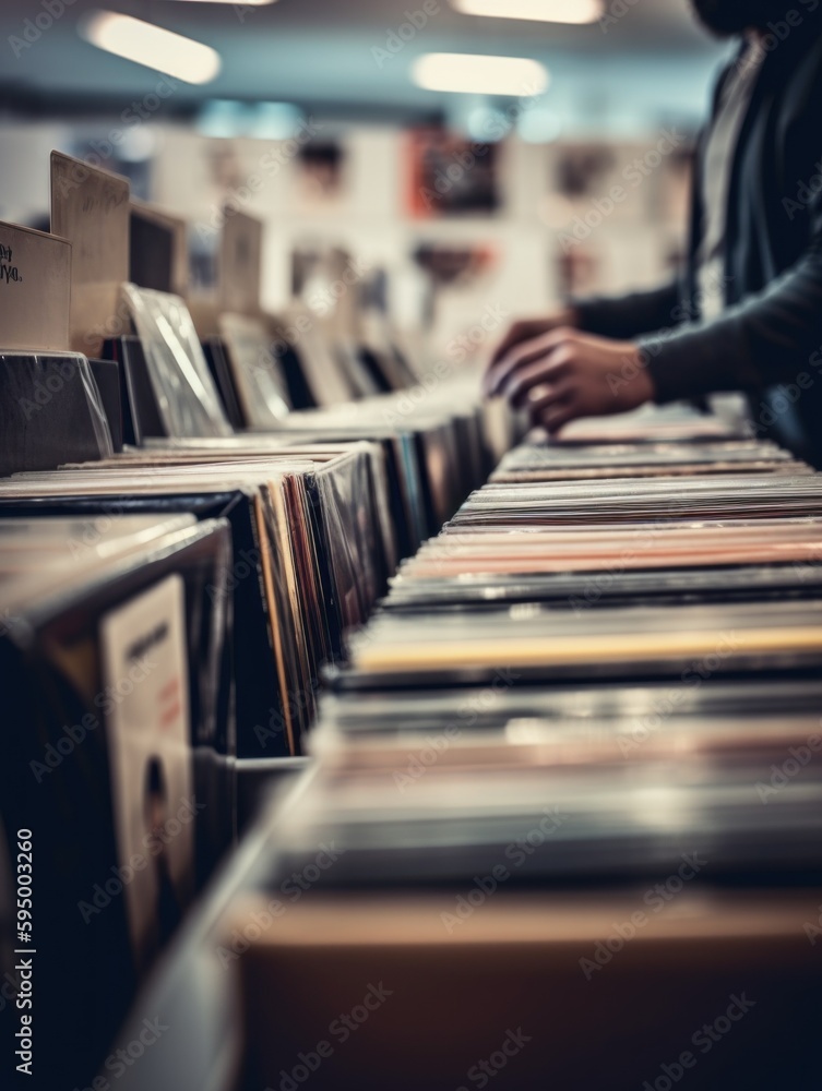 Aufkleber a person standing in front of a table full of records. ai generative image.
