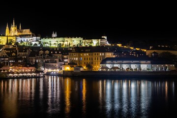 Cityscape of Prague from the Charles Bridge at night in the Czech Republic