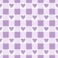 Vector seamless pattern with gingham check and hearts in purple and white colours for Valentines day