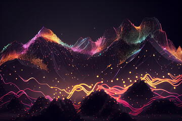 illustration of mountains in neon colors on dark background. AI