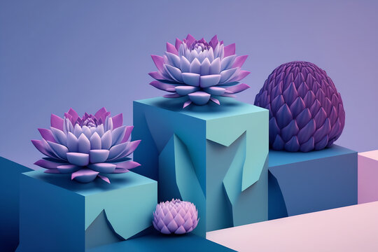 Generative AI illustration set of various cactuses placed on rectangular stands among pink stones on purple background