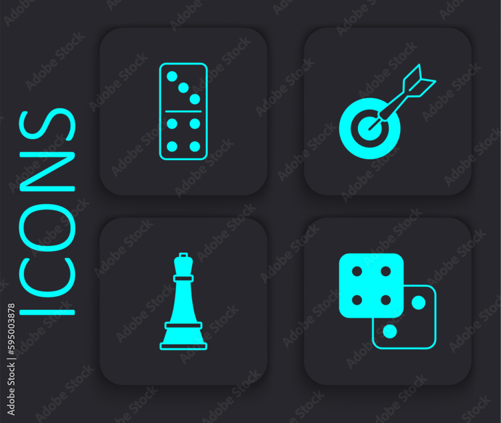 Poster set game dice, domino, classic dart board and arrow and chess icon. black square button. vector
