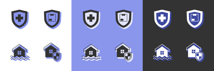 Set House with shield, Life insurance, flood and Delivery security icon. Vector