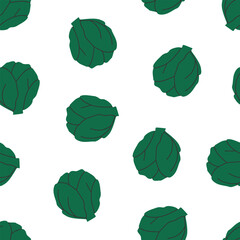 Hand drawn cute cartoon seamless pattern with green cabbage, cauliflower head. Flat vector garden harvest print in colorful doodle style. Repeated background with vegetable, wrapping or wallpaper.