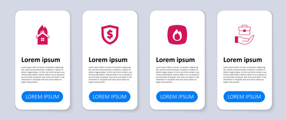 Set Hand holding briefcase, Fire flame, Shield with dollar and burning house. Business infographic template. Vector