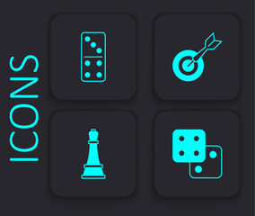 Set Game dice, Domino, Classic dart board and arrow and Chess icon. Black square button. Vector