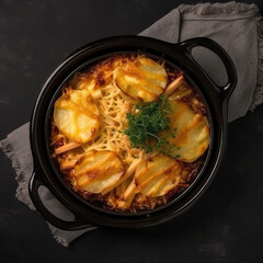 Tartiflette On Black Smooth Round Plate French Dish. Generative AI