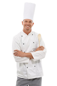 Man with smile in portrait, chef and cooking skill in hospitality isolated on transparent, png background. Culinary service, happy male cook with arms crossed and expert in cuisine and fine dining
