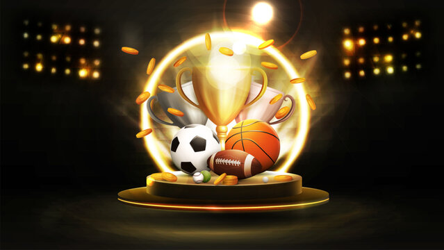 Champion cups, sport balls and falling gold coins in black and gold scene with spotlights, dark poster with sport elements