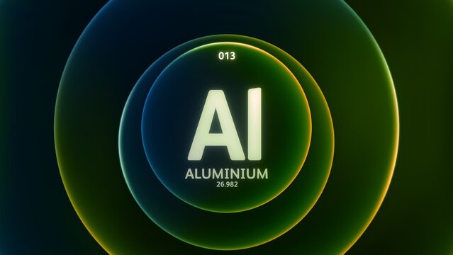 Aluminium as Element 13 of the Periodic Table. Concept illustration on abstract green orange gradient rings seamless loop background. Title design for science content and infographic showcase display.