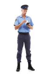 Ticket, fine and man police officer writing on notepad for traffic laws, public service and crime....