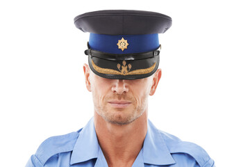 Law, police officer and man with a hat for crime, protection and safety isolated on a transparent png background. Security, authority and male policeman ready for service, justice and protection