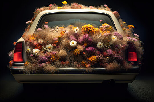 Generative AI illustration of rusty car with colorful blooming flowers in trunk on black background